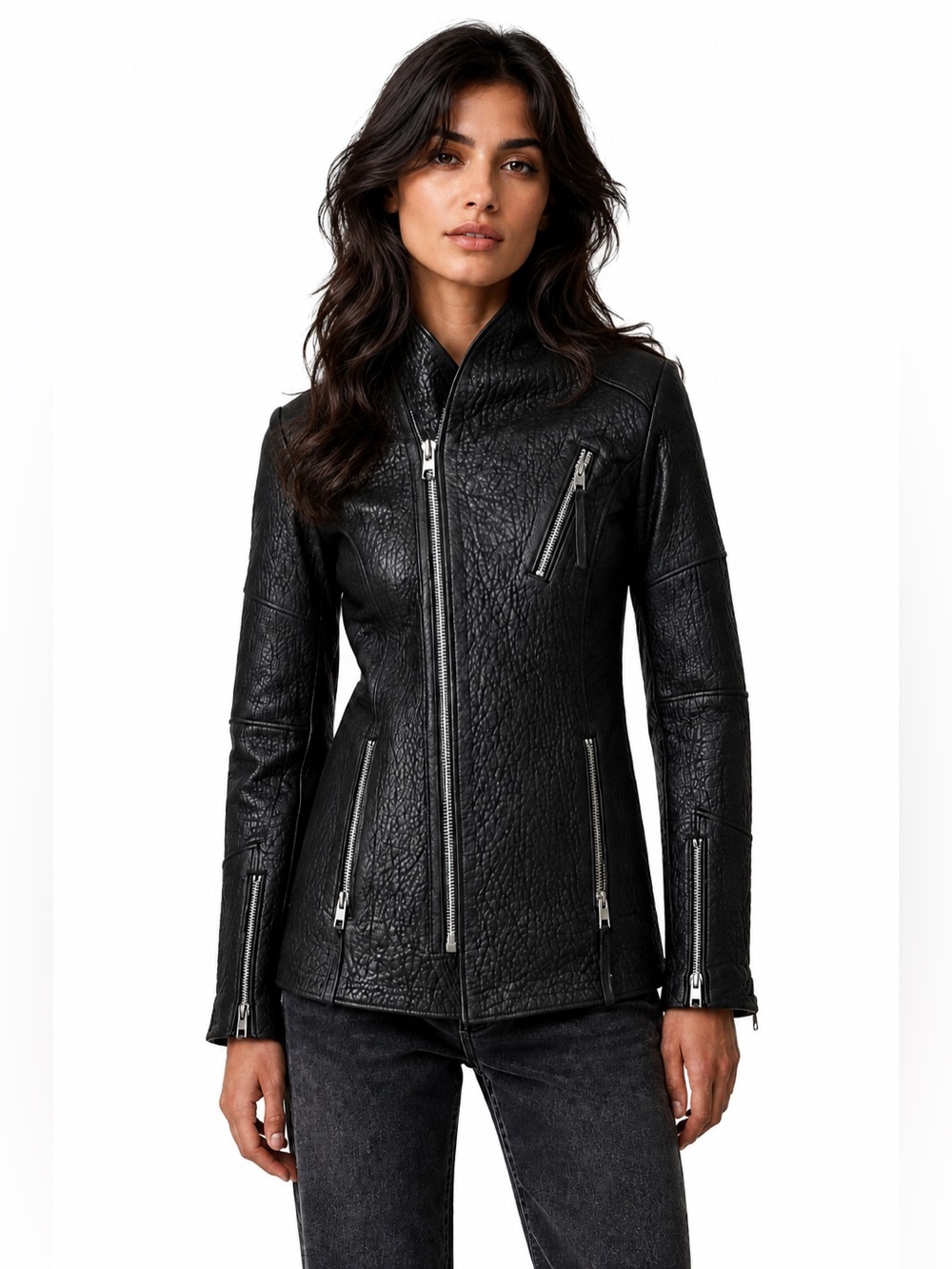 AllSaints Cawley Longline pebbled Texture Leather Biker Jacket